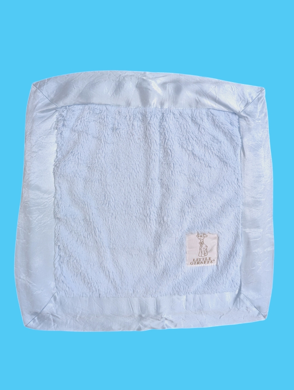 Little Giraffe Sky Blue Luxe Satin Trim Travel Baby Blanket Lovey 16" Square GUC